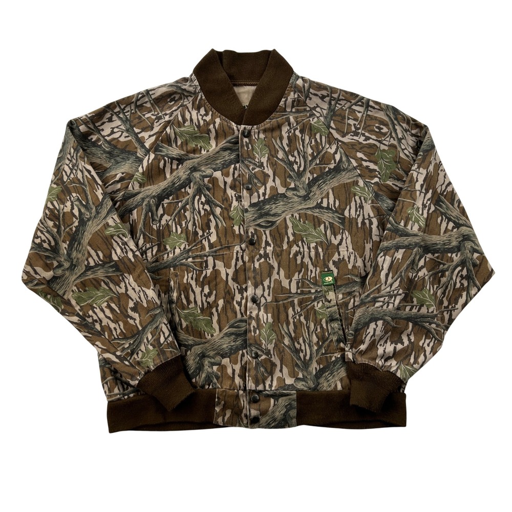 VTG Mossy Oak Bomber Jacket Men 2X Brown Camo Snap Front Hunting Streetwear Y2K